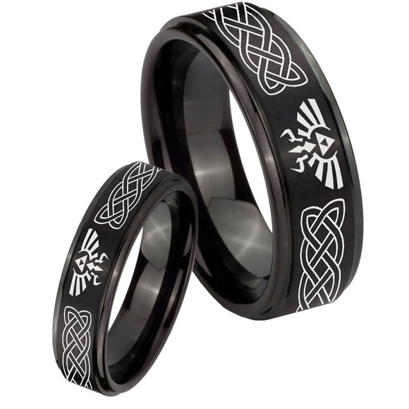 His Hers Celtic Zelda Step Edges Brush Black Tungsten Men's Engagement Ring Set