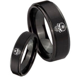 His Hers Skull Marijuana Leaf  Step Edges Brush Black Tungsten Mens Ring Set