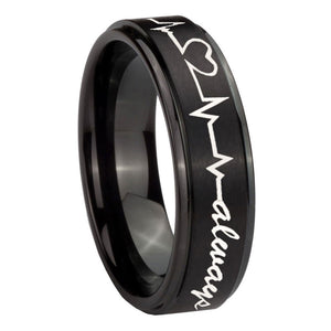 10mm Heart Beat forever Heart always Step Edges Brush Black Tungsten Bands Ring