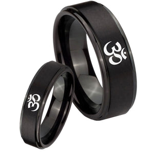 Bride and Groom Om Aum Yoga  Step Edges Brush Black Tungsten Mens Ring Set