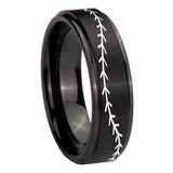 10mm Baseball Stitch Step Edges Brush Black Tungsten Carbide Mens Wedding Ring