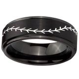 10mm Baseball Stitch Step Edges Brush Black Tungsten Carbide Mens Wedding Ring