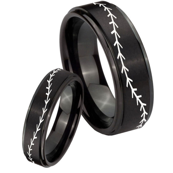 His and Hers Baseball Stitch Step Edges Brush Black Tungsten Men's Ring Set