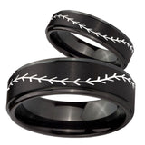 His and Hers Baseball Stitch Step Edges Brush Black Tungsten Men's Ring Set