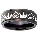 10mm Hearts and Crowns Step Edges Brush Black Tungsten Men's Wedding Ring