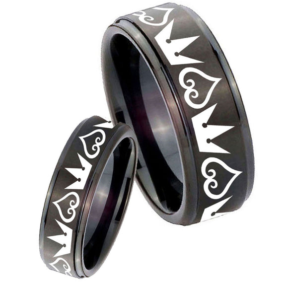 His Hers Hearts and Crowns Step Edges Brush Black Tungsten Ring Set