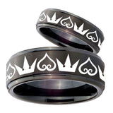His Hers Hearts and Crowns Step Edges Brush Black Tungsten Ring Set