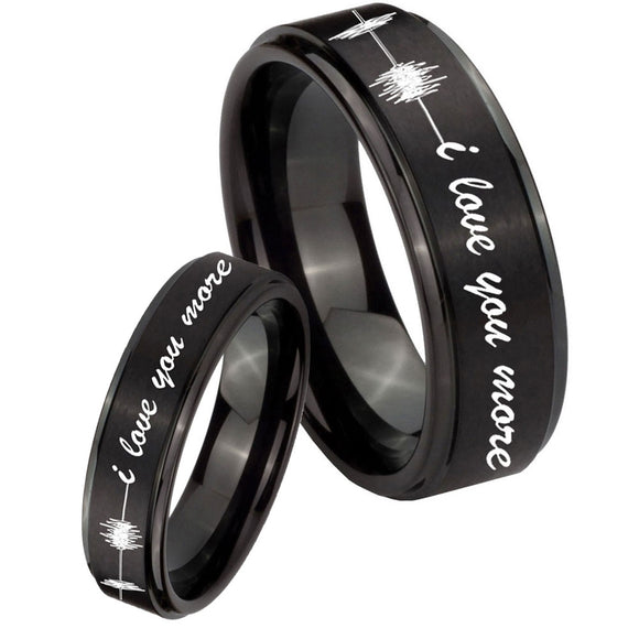 His Hers Sound Wave, I love you more Step Edges Brush Black Tungsten Bands Ring Set