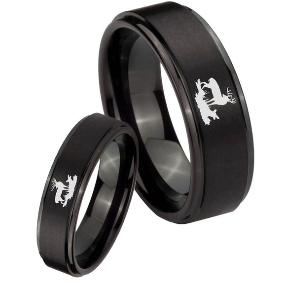 His Hers Deer Hunting Step Edges Brush Black Tungsten Engagement Ring Set