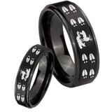 His Hers Deer Hunting Tracks Step Edges Brush Black Tungsten Engraved Ring Set