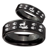 His Hers Deer Hunting Tracks Step Edges Brush Black Tungsten Engraved Ring Set