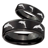 His Hers Dolphins Step Edges Brush Black Tungsten Mens Anniversary Ring Set