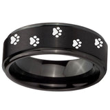 10mm Paw Print Step Edges Brush Black Tungsten Carbide Wedding Engagement Ring