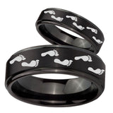 His and Hers Foot Print Step Edges Brush Black Tungsten Men's Bands Ring Set