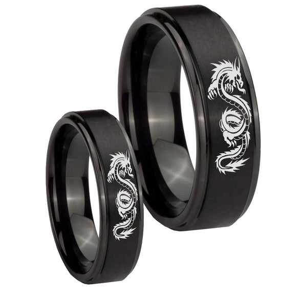 His Hers Dragon Step Edges Brush Black Tungsten Men's Engagement Ring Set