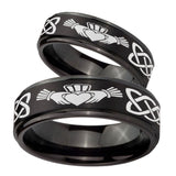 His Hers Irish Claddagh Step Edges Brush Black Tungsten Personalized Ring Set