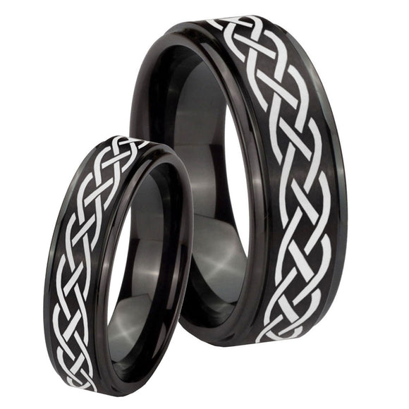 His Hers Celtic Knot Step Edges Brush Black Tungsten Mens Wedding Ring Set