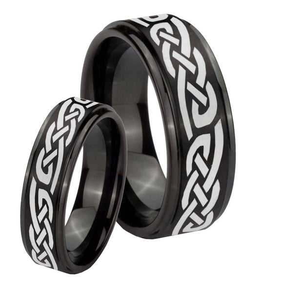 His Hers Celtic Knot Infinity Love Step Edges Brush Black Tungsten Mens Wedding Ring Set