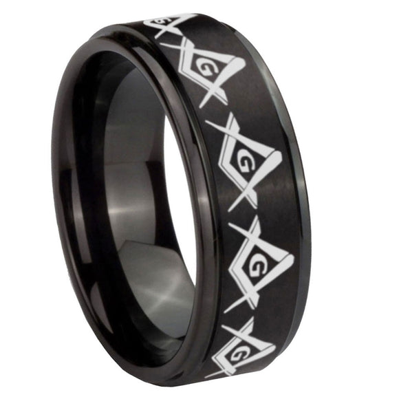 10mm Masonic Square and Compass Step Edges Brush Black Tungsten Men's Promise Rings