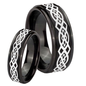 His Hers Celtic Knot Step Edges Brush Black Tungsten Wedding Band Ring Set