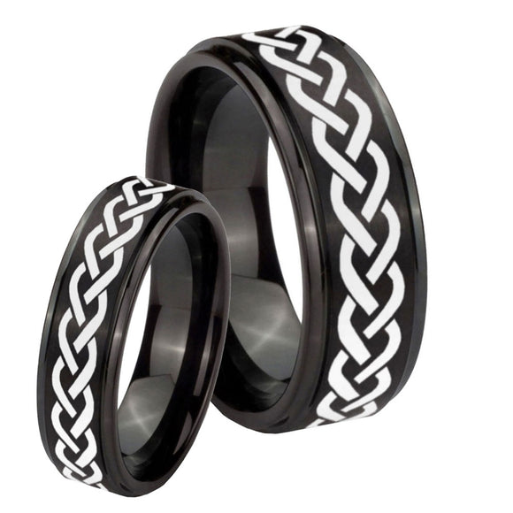 His Hers Laser Celtic Knot Step Edges Brush Black Tungsten Mens Wedding Ring Set