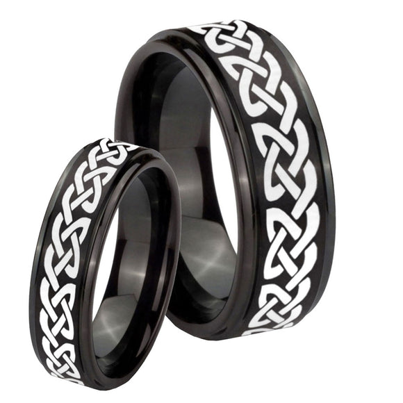 His Hers Celtic Knot Love Step Edges Brush Black Tungsten Mens Wedding Ring Set