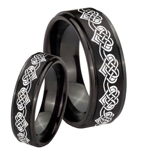 His Hers Celtic Knot Heart Step Edges Brush Black Tungsten Mens Wedding Ring Set