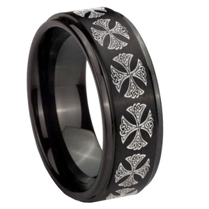 10mm Medieval Cross Step Edges Brush Black Tungsten Men's Promise Rings