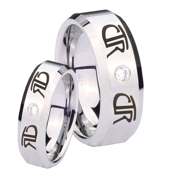 Bride and Groom CTR Beveled Edges Edges Silver Tungsten CZ Men's Ring Set