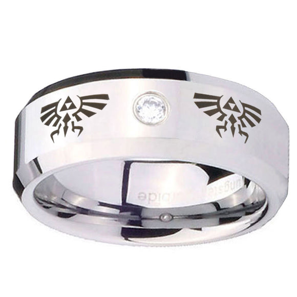 8mm Zelda Beveled Edges Silver Tungsten Carbide CZ Wedding Engraving Ring