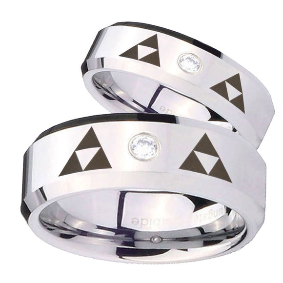 His Hers Triangle Zelda Beveled Edges Edges Silver Tungsten CZ Mens Ring Set