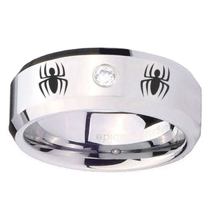 8mm Spiderman Beveled Edges Silver Tungsten Carbide CZ Mens Bands Ring