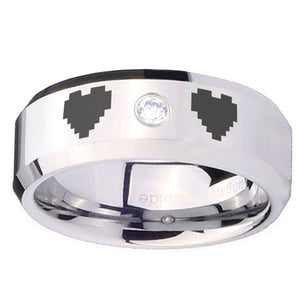 8mm Zelda Heart Beveled Edges Silver Tungsten Carbide CZ Anniversary Ring