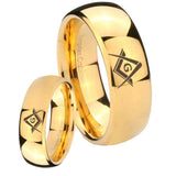 Bride and Groom Freemason Masonic Dome Gold Tungsten Mens Promise Ring Set