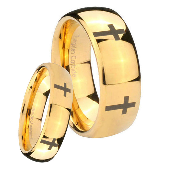 Bride and Groom Crosses Dome Gold Tungsten Carbide Men's Wedding Ring Set
