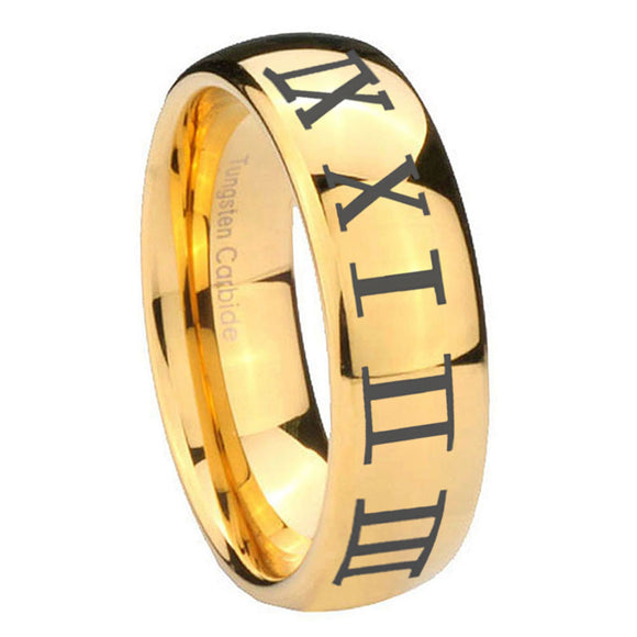 10mm Roman Numeral Dome Gold Tungsten Carbide Wedding Bands Ring