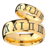 Bride and Groom Roman Numeral Dome Gold Tungsten Carbide Men's Bands Ring Set