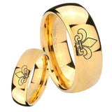 Bride and Groom Fleur De Lis Dome Gold Tungsten Men's Engagement Ring Set