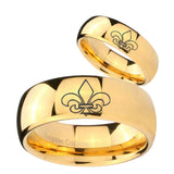 Bride and Groom Fleur De Lis Dome Gold Tungsten Men's Engagement Ring Set