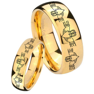 Bride and Groom Irish Claddagh Dome Gold Tungsten Carbide Men's Ring Set