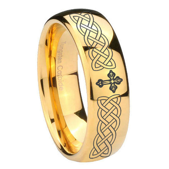 10mm Celtic Cross Dome Gold Tungsten Carbide Mens Engagement Ring