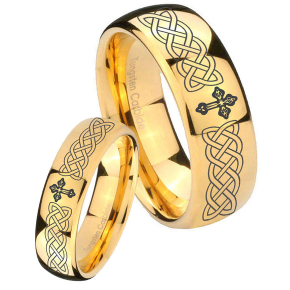 Bride and Groom Celtic Cross Dome Gold Tungsten Carbide Personalized Ring Set