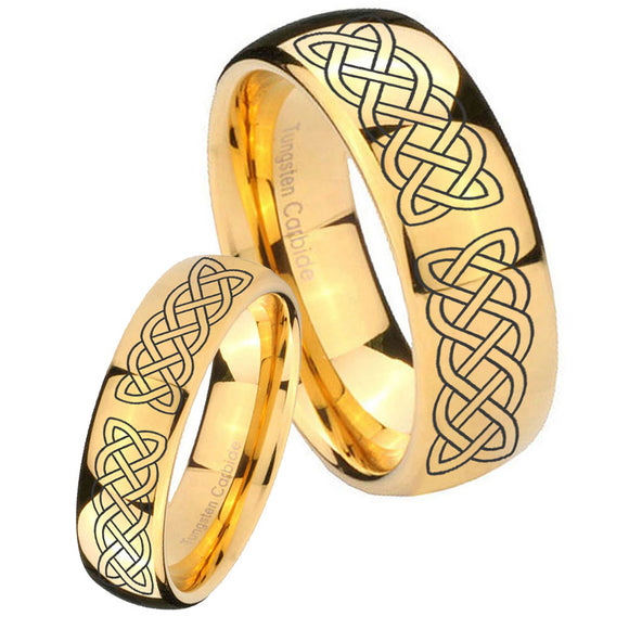 Bride and Groom Celtic Knot Dome Gold Tungsten Carbide Mens Engagement Ring Set