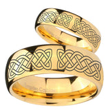 Bride and Groom Celtic Knot Dome Gold Tungsten Carbide Mens Engagement Ring Set