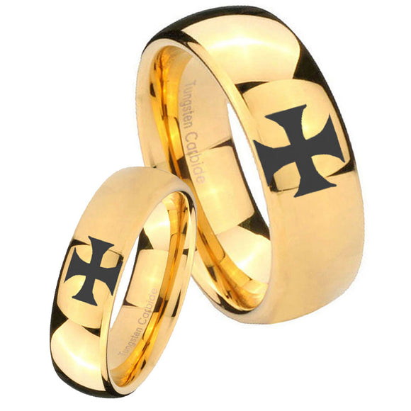 Bride and Groom Maltese Cross Dome Gold Tungsten Mens Engagement Band Set