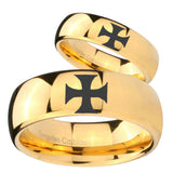 Bride and Groom Maltese Cross Dome Gold Tungsten Mens Engagement Band Set