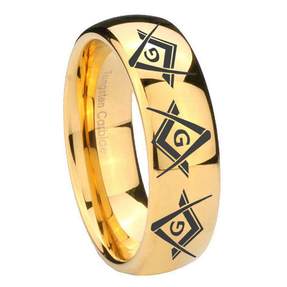 10mm Master Mason Masonic  Dome Gold Tungsten Carbide Men's Wedding Ring