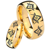 Bride and Groom Master Mason Masonic  Dome Gold Tungsten Anniversary Ring Set