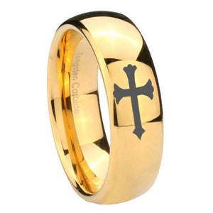 10mm Christian Cross Dome Gold Tungsten Carbide Mens Ring Engraved