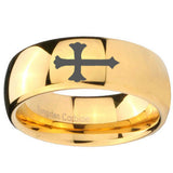 10mm Christian Cross Dome Gold Tungsten Carbide Mens Ring Engraved